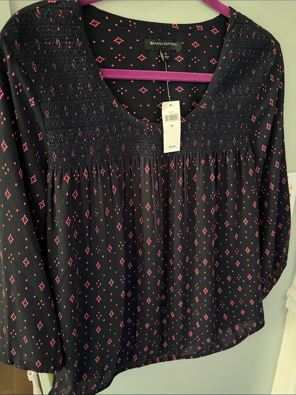 Banana Republic Navy Blouse with Pink Diamond Print